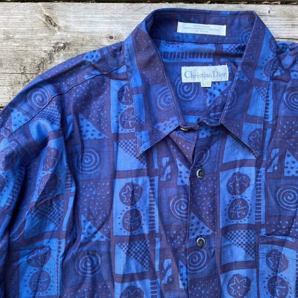 Vintage 1997 Christian Dior Circle Pattern Button Up Dress Shirt XL Blue - Picture 8 of 8